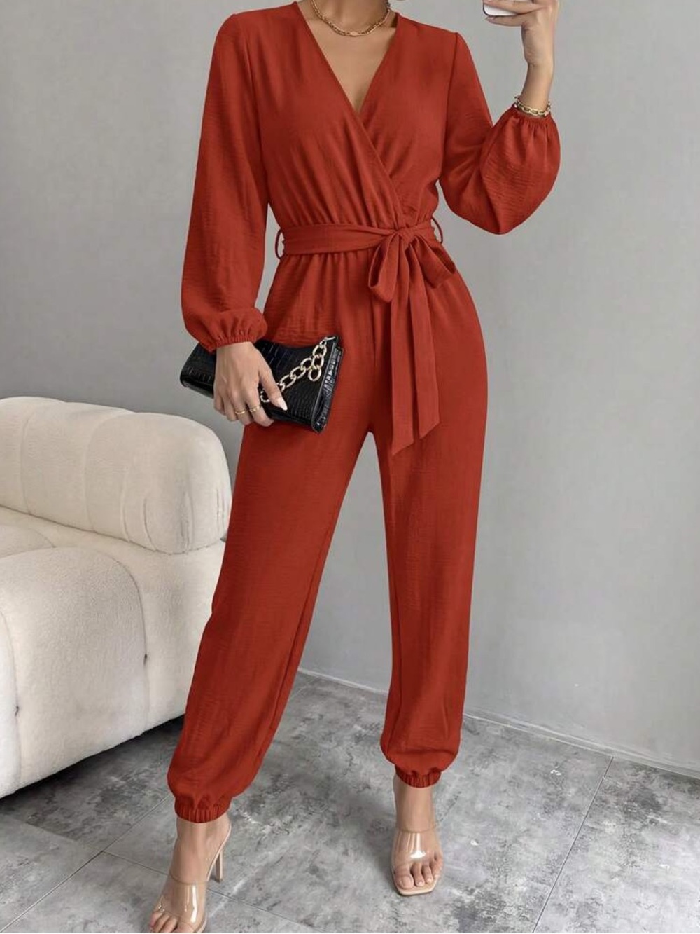 Elegant Brick Orange Wrap Jumpsuit with Tie Waist